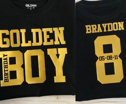 Golden Birthday Boy shirt personalized with name and digit